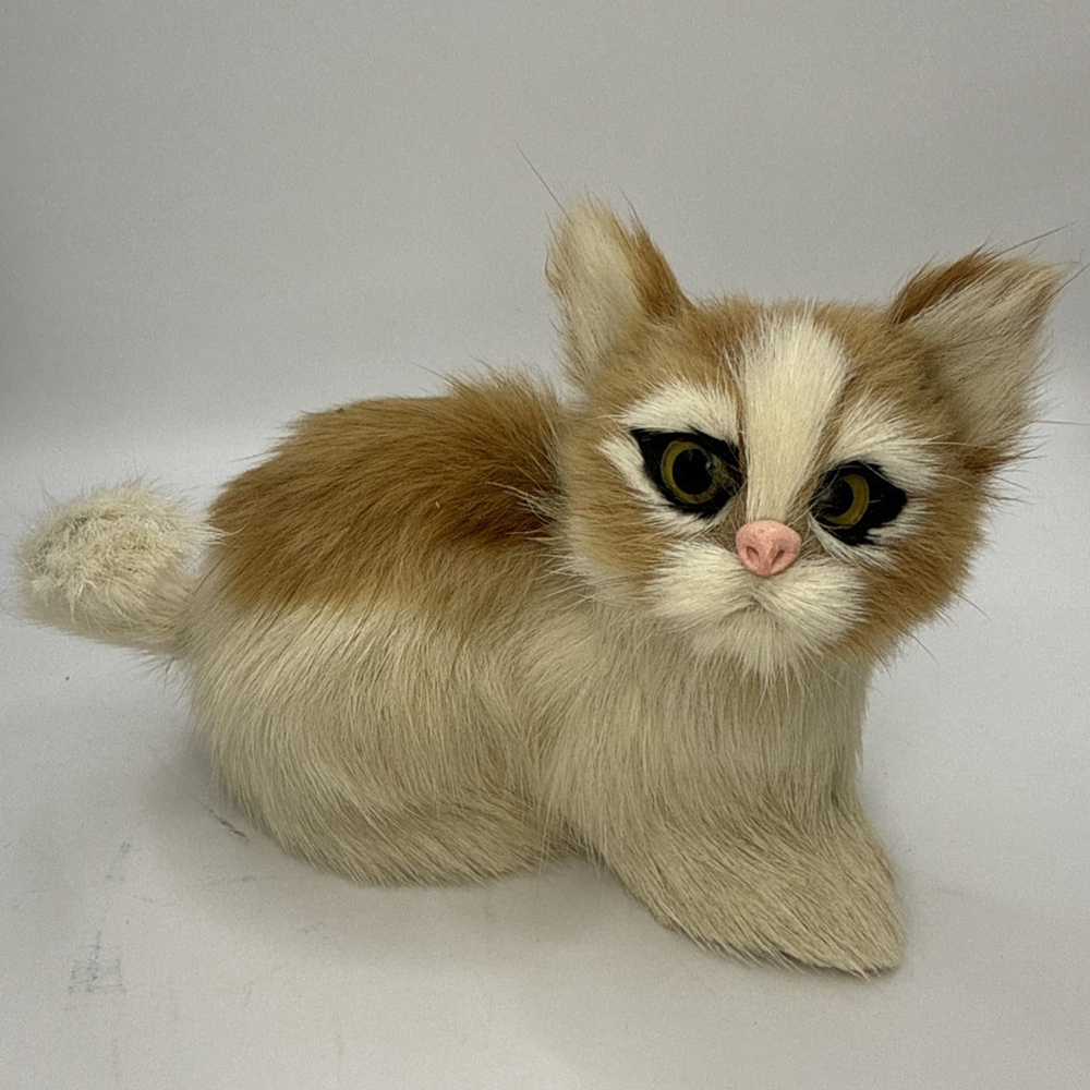 Vtg Real Rabbit FUR Kitty CAT Kitten Stuffed Animal Glass Eyes Felted Tri-color